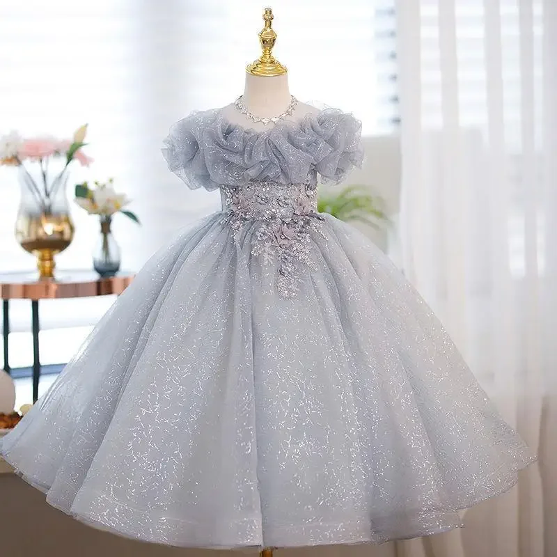 

Little Girls Princess Party Gown Kids Birthday Puffy Lush Dress Graduation Children Tutu Rhinestone Dresses Flower Girls Summer