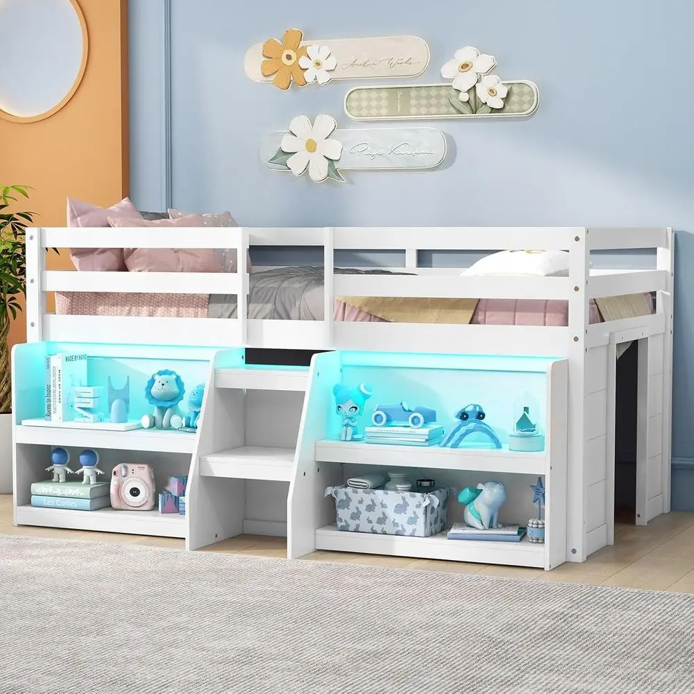 

Low Loft Bed with LED Lights, Twin Size Bed with Storage, Play Space Underneath, Stairs & Guardrails, Kids' White Loft Bed