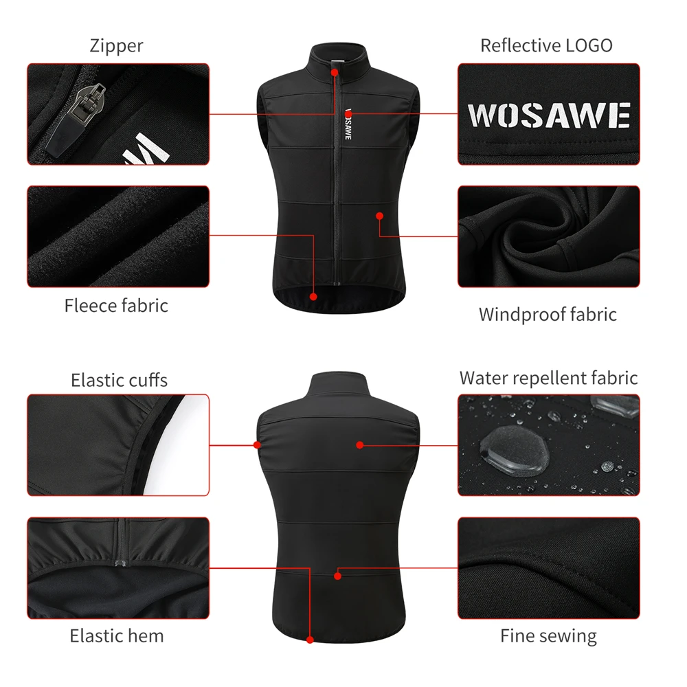 WOSAWE Windproof Cycling Vest Winter Thermal Coat Sleevless Bicycle Reflective Jacket Men Women Running Cycling Wind Gilet