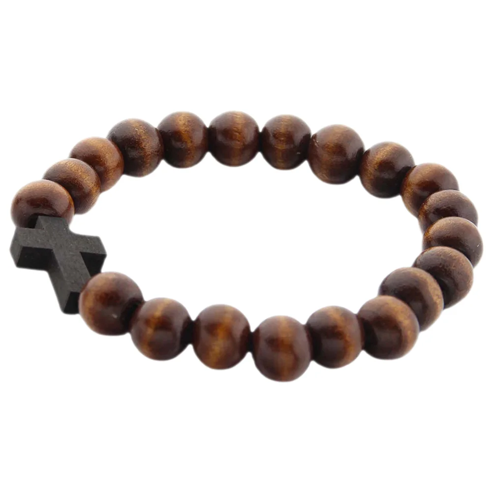 

Wood Beads Bracelet Christian Cross Charm Wrist Chain Brown Delicate Texture Natural Graceful Fashion Women Jewelry Gift Mother