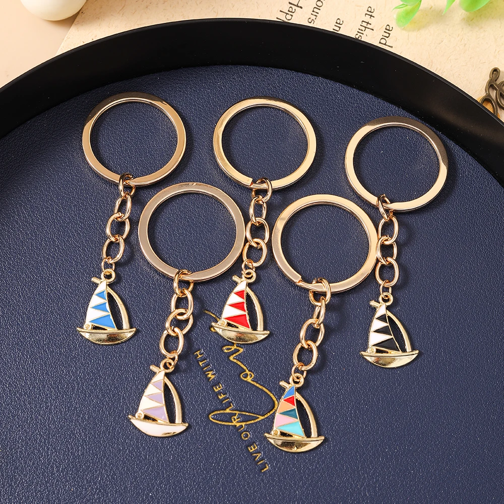 Aihua Cute Enamel Summer Beach Sailing Boat Keychain Women Girls Key Ring Pendants for Handbag Decor DIY Handmade Key Chain Gift