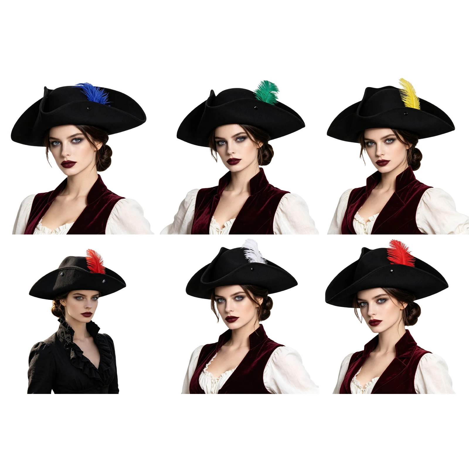 Men Women Wide Brim Press Button Design Vintage Pirate Hat Cap with Faux Feather Decoration for Cosplay