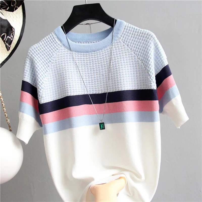 Women Casual Plaid Tshirt Summer Clothing O Neck T Shirts Elasticity Ladies Tops Short Sleeve Tee Shirt Femme