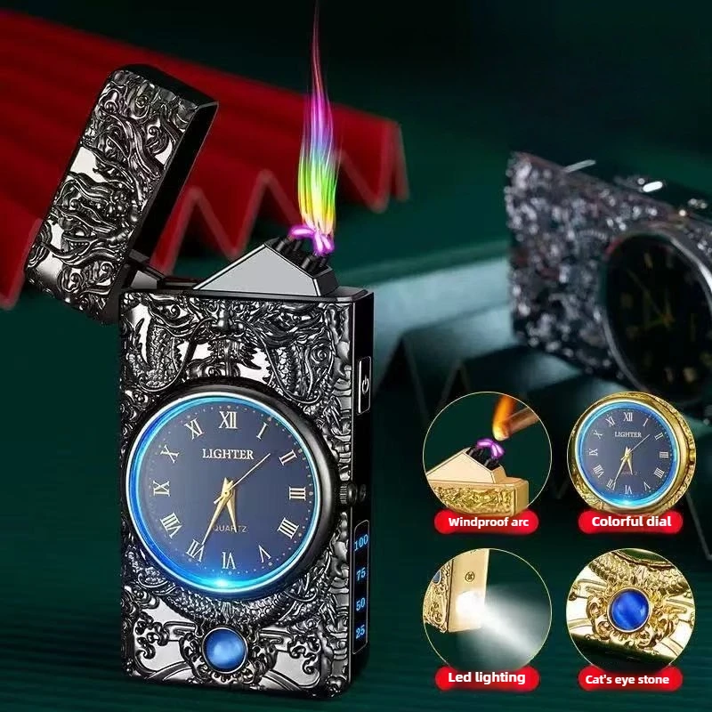 

New Metal Clock Dual Arc Lighter LED Display USB Rechargeable Portable Flameless Lighter Outdoor Camping Flashlight Men's Gifts