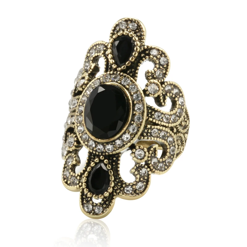 Vintage Vintage Bohe Black Crystal Rings For Women Openworked Gold Plated Creative Design Ethnic Bridal Wedding Jewelry Gifts