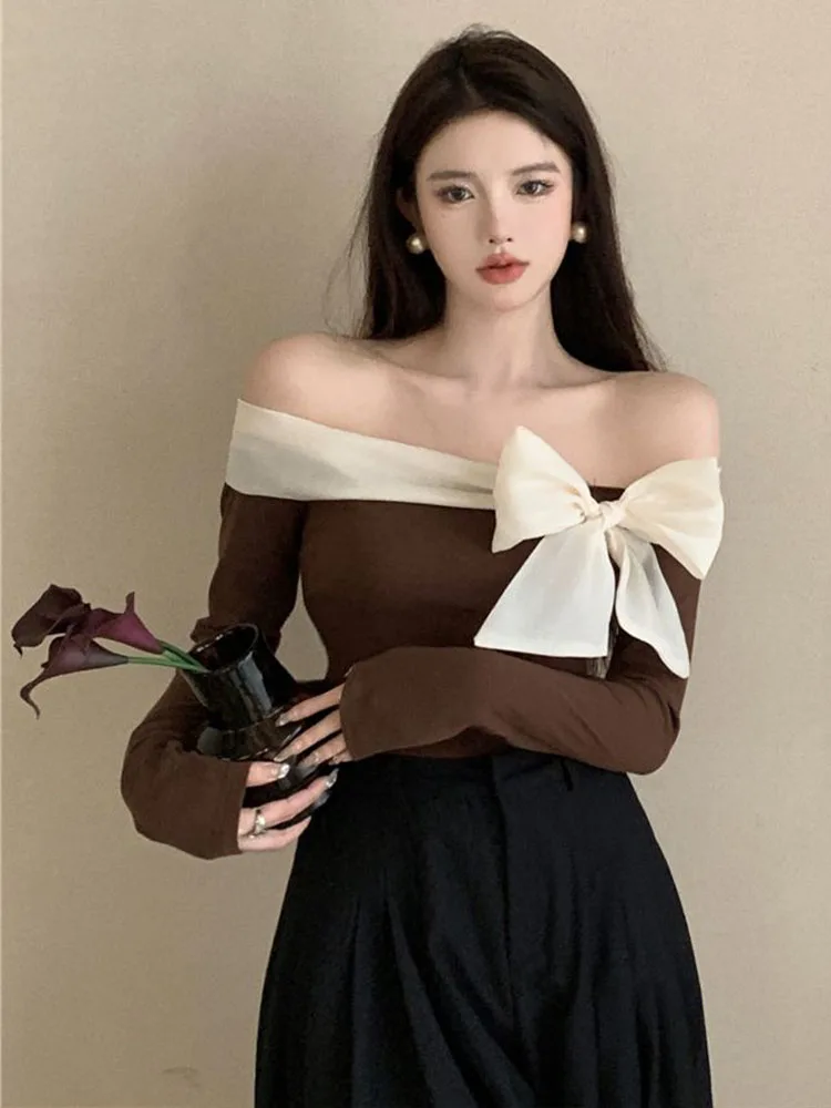 French Style Sweater Women Bow Slash Neck Patchwork Off Shoulder Knitted Tops Sexy Slim Stretch Pullovers Ladies Elegant Jumpers