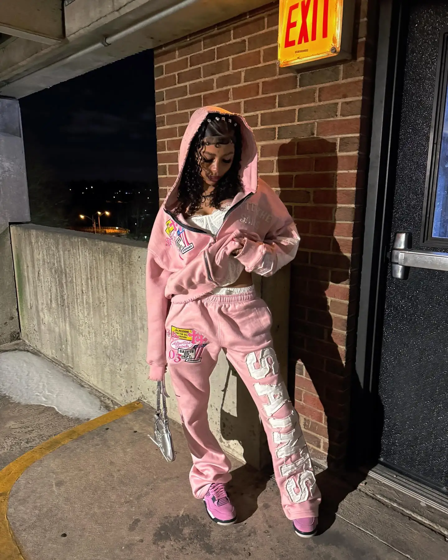 American Vintage Pink Hooded Zip Up Sweatshirt Set Side Letter Print Streetwear Hip Hop Fashion Casual Set Women's Streetwear - Image 3