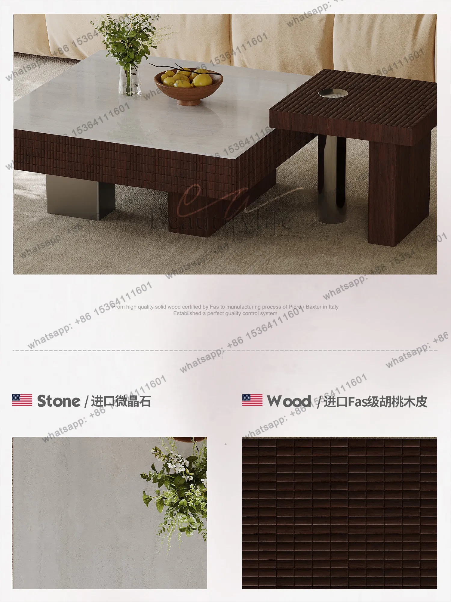 Medieval marble coffee table combination, light luxury high-end stainless steel retro storage