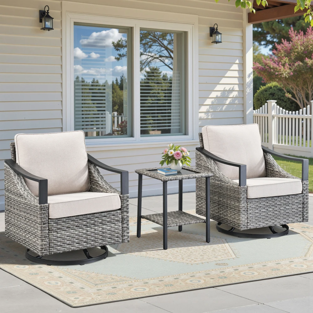 

3-Piece Outdoor Conversation Set with Swivel Rocking Chairs and Glass-Top Side Table, Gray Wicker Patio Furniture with Beige Cushions for Porch or Backyard