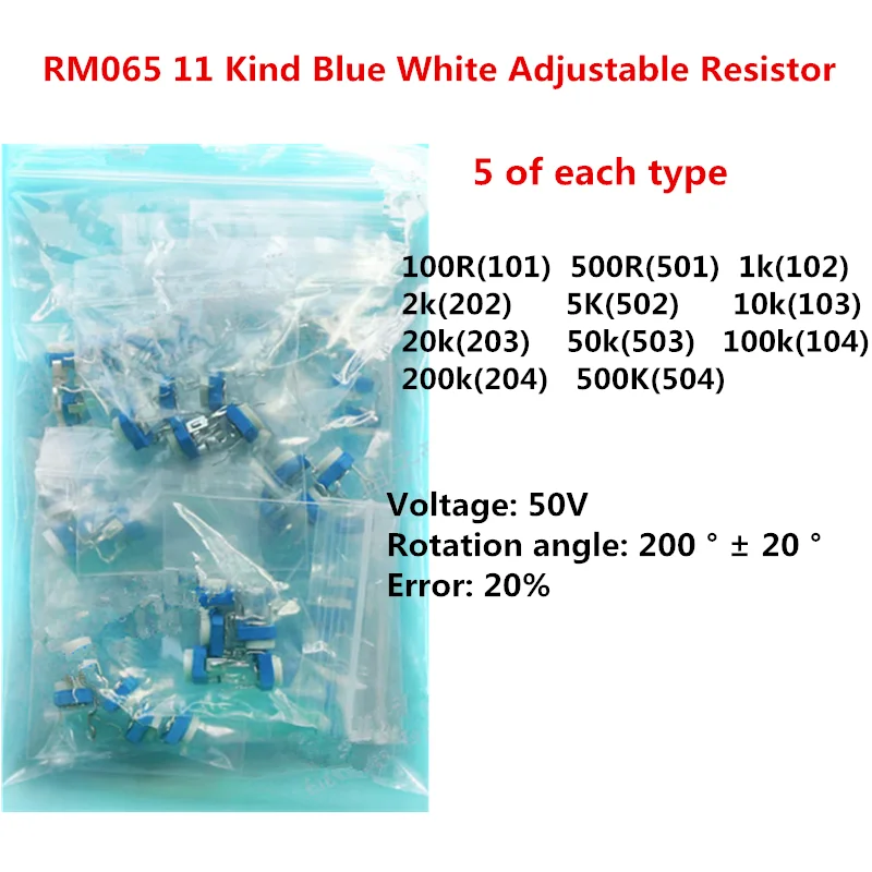 

RM065 11 Kind Blue White Adjustable Resistor 100R/500R/1k/2k/5K/10k/20k/50k/100k /200k/500k