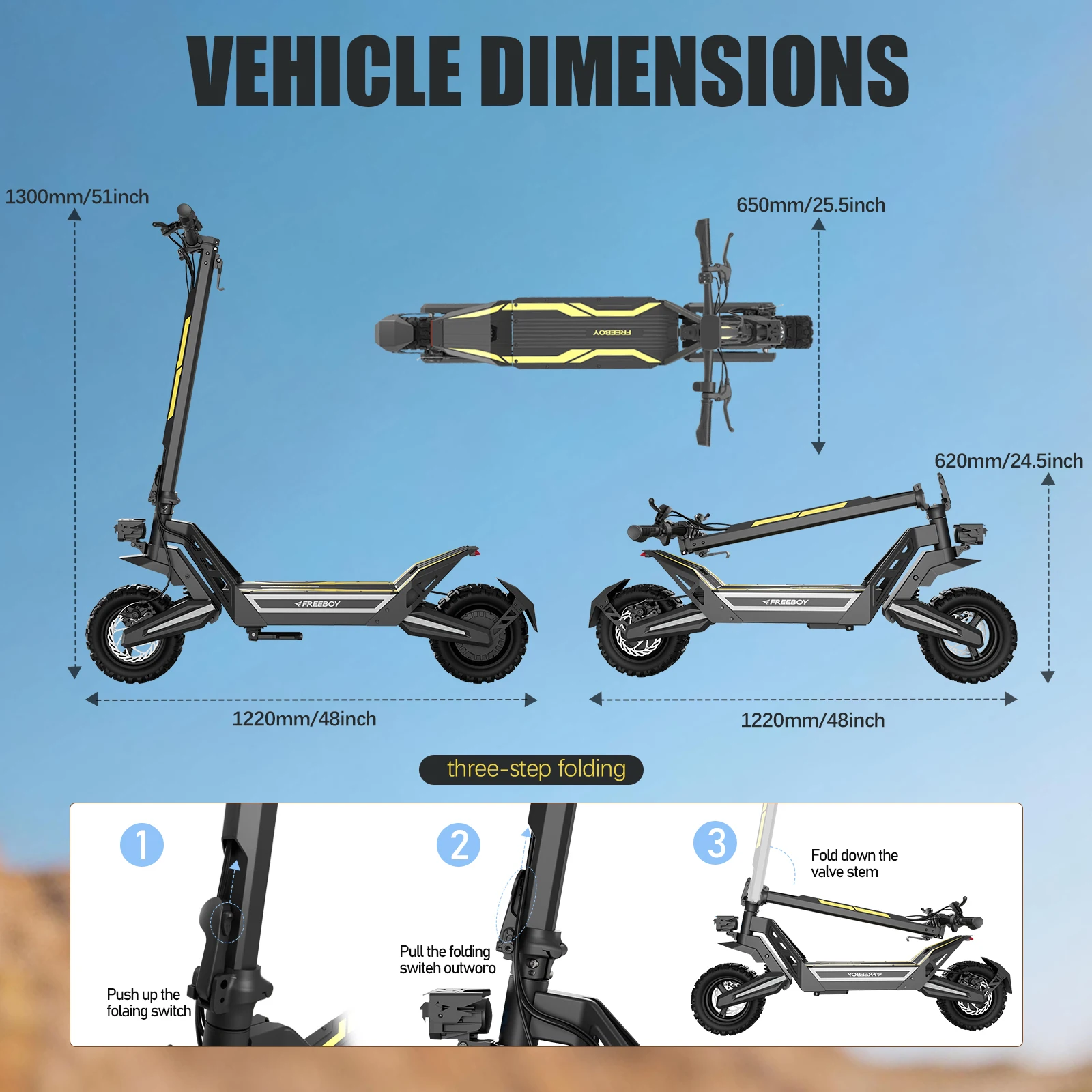 FREEBOY J2max Electric Scooter for Adults 1200W Powerful Rear Motor 34 MPH Fast Speed 48V 18.2Ah Battery Up to 31 Miles Range 11 Inch Inflatable Off-Road Tires Foldable E-Scooter Dual Disc Brakes Front Rear Shock Absorption LED Display