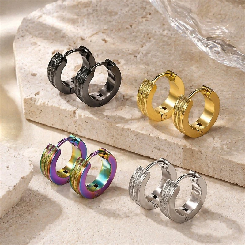 New Frosted Scrub Groove Ear Buckles Couple's Earring Stainless Steel Circle Hoop Earrings for Women Men Punk Piercing Jewelry