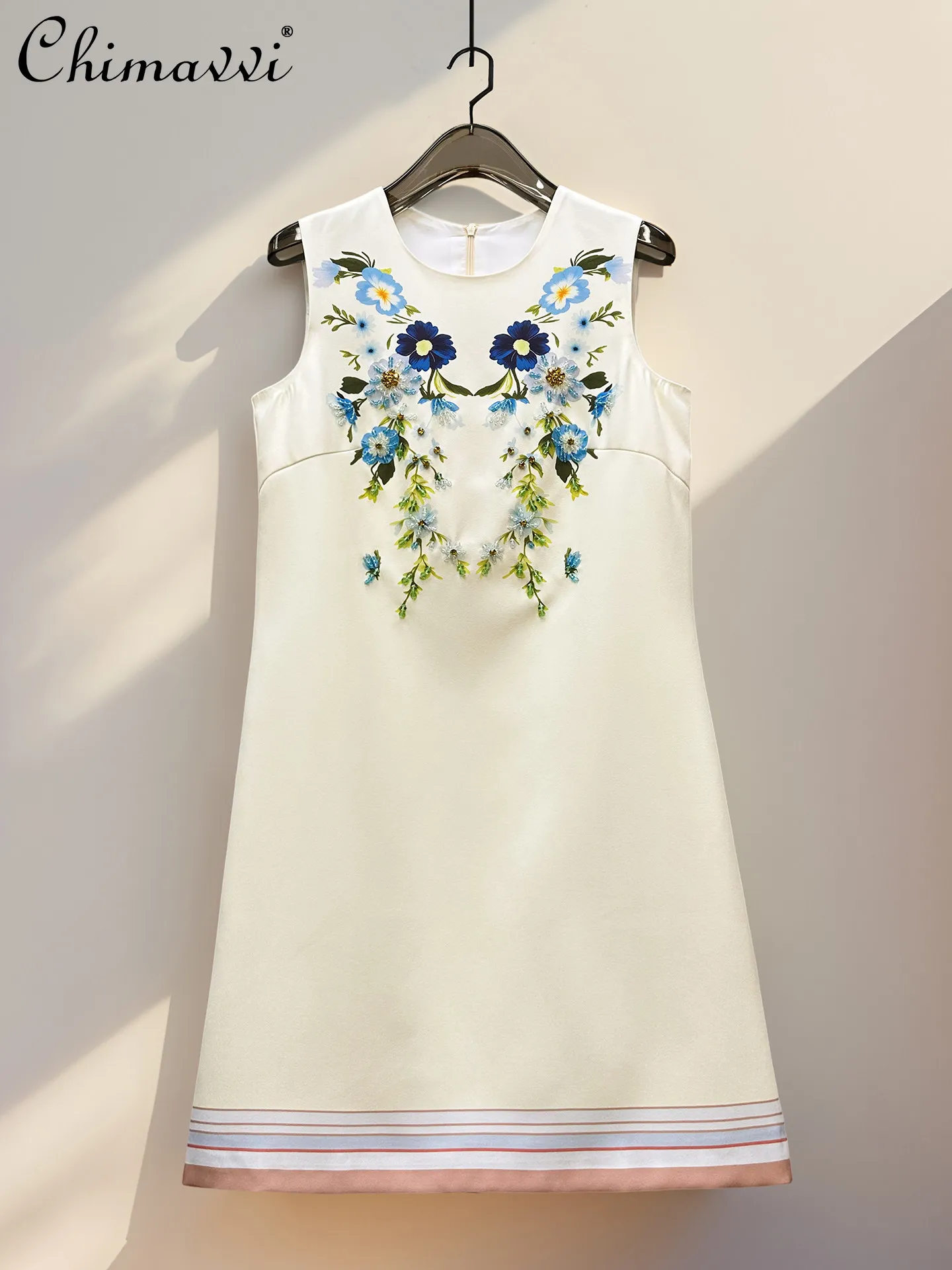 

2026 Summer French Elegant Heavy Industry Beaded Round Neck Sleeveless High Waist Slim Fashion Printed Short Dress for Women