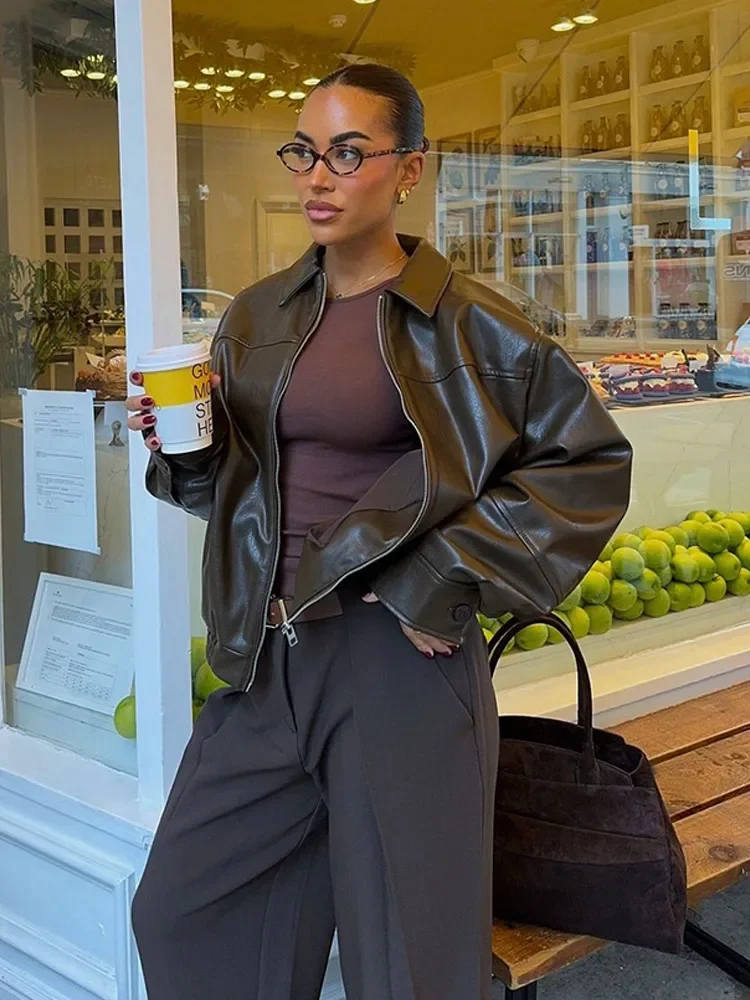 Fashion Lapel Collar Green Pu Leather Short Jackets For Women Locomotive Button Long Sleeve Coats Female 2024 Autumn Office Wear
