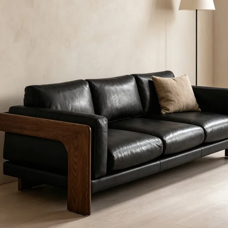 Black Leather 3-Seater Sofa with Walnut Wood Arms Mid-Century Modern Living Room Couch