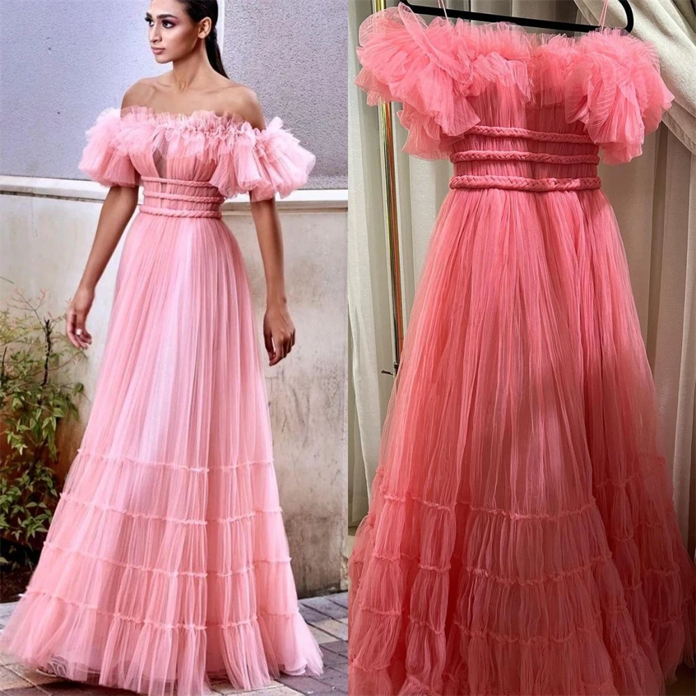 

Saudi Arabia Evening Tulle Draped Pleat Ruched Party A-line Off-the-shoulder Bespoke Occasion Gown Long Dresses