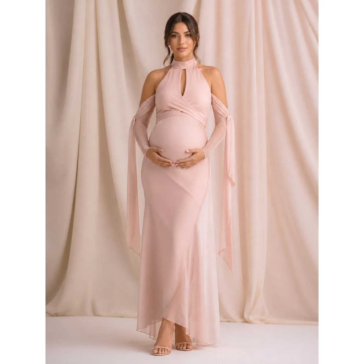 Blush Pink Halter Maternity Baby Shower Dress Maternity Maxi Dress ZX021
