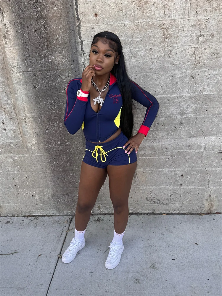 Weird Puss Lässiger Trainingsanzug 2-teiliges Set Damen Patchwork Reißverschluss Briefdruck Jacke + Kordelzug Shorts Passendes einfaches sportliches Outfit