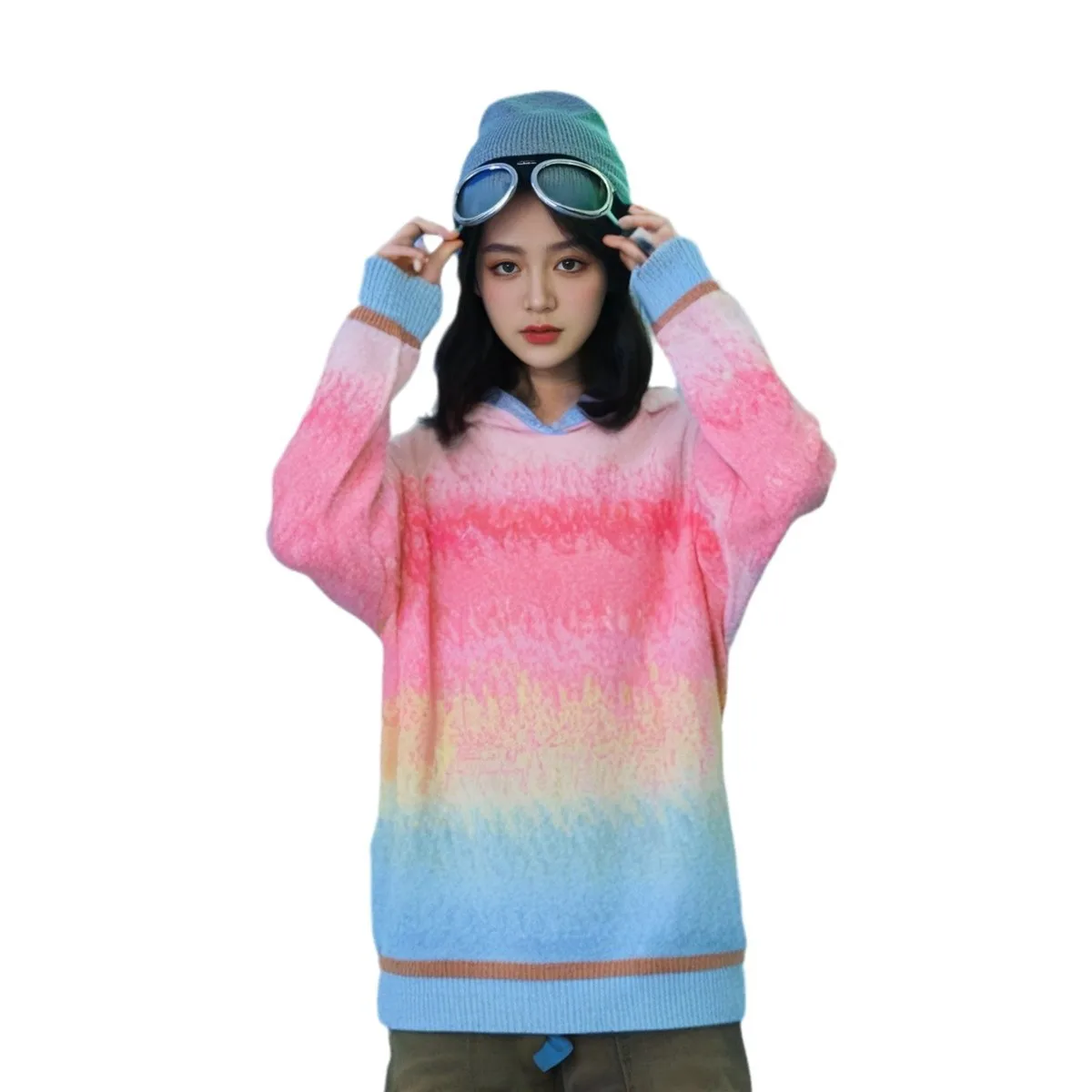 Felpa con cappuccio lavorata a maglia arcobaleno da donna Faionable Versatile Allentato Bianco Casual Lungo Sve rotondo Ne Pullover Maglione Autunno Nuovo Ar...