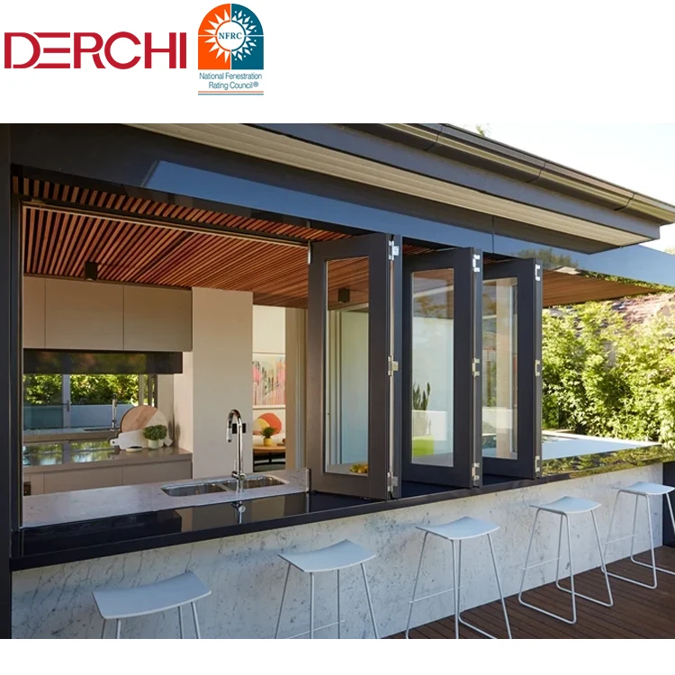 DERCHI akordion kaca Tempered aluminium, jendela lipat ganda lipat Horizontal