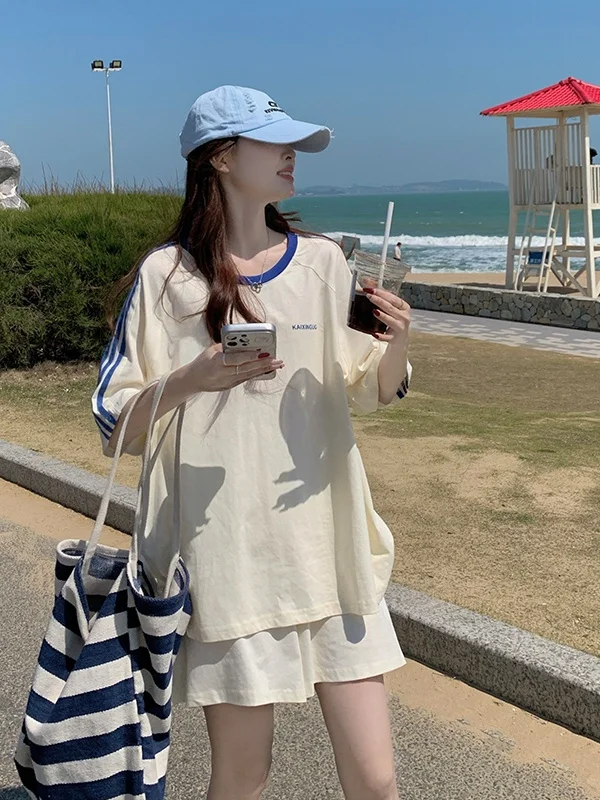 

plus Size College Style Set Women's Anti-Aging Loose Versatile Short Sleeve T-Shirt Top High Waist Casual Sports Shorts