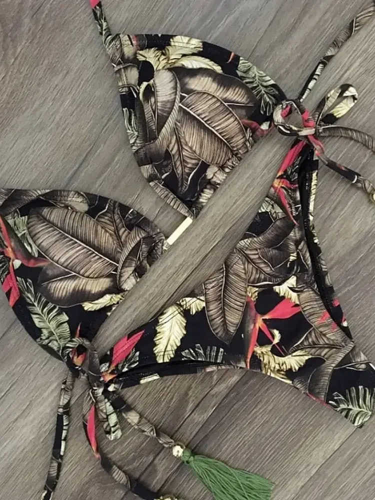 RUOTONGSEPT-Conjunto de microbikinis sexys para mujer, traje de baño Bandage con estampado de plumas, traje de baño femenino, bikinis brasileños 2024