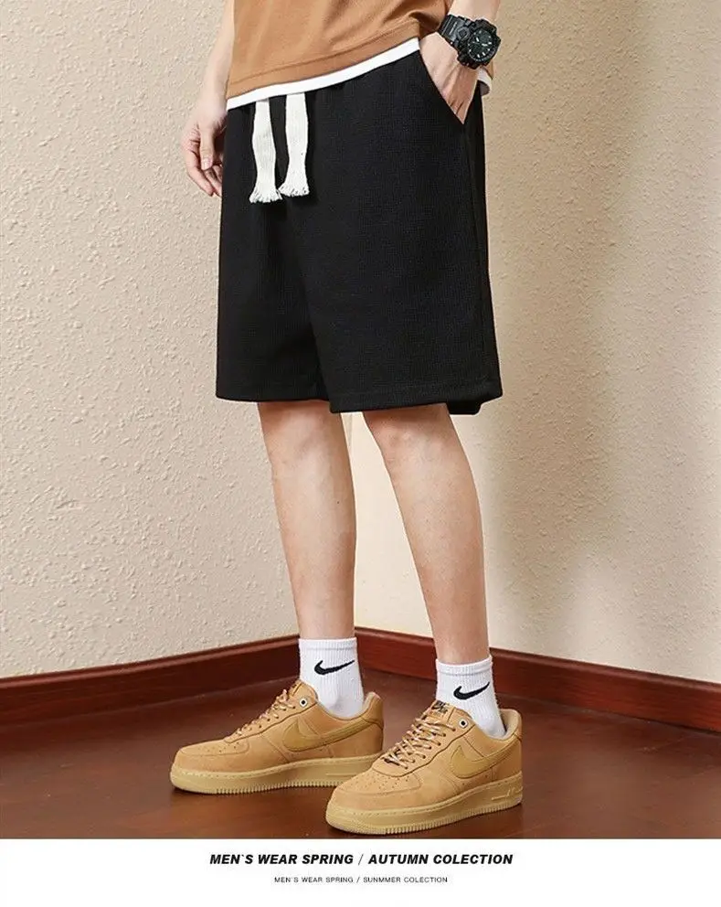 Einfarbige Sommer-Waffelshorts für Herren für lässige, lockere, atmungsaktive, dünne, Basketballsportarten, kurze Shorts, Strandhosen – Detail 6