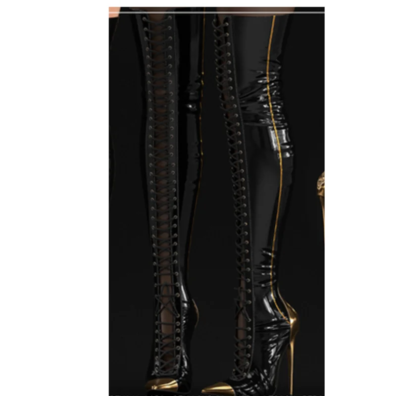 

Black Hollow Lace Up Over Knee Boots Thin High Heel Pointed Toe Fashion Sexy 2025 Winter Big Size Woman Shoes Zapatillas Mujer