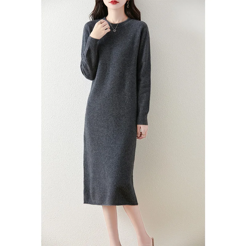 

Hot Sale 100% Wool Knitting Dresses Women Autumn Winter New Fashion Length-keen Warm Best Quality Dress Female Cashmere Skirt