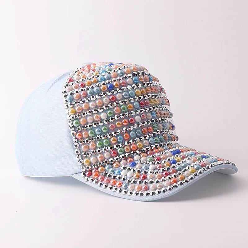 Semi-round pearl and rhinestone baseball cap, European and American fashion, heavy-duty rhinestone duckbill hat