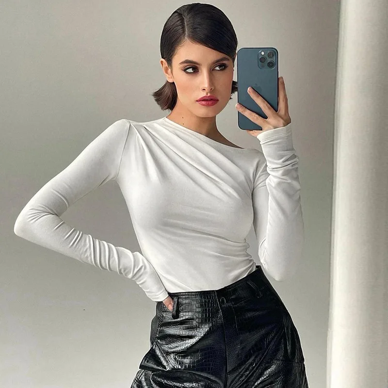 Camisetas blancas de manga larga Mujeres Mujeres Top de otoño Autumnover Tecatapia sólida Camiseta de la camiseta de la calle