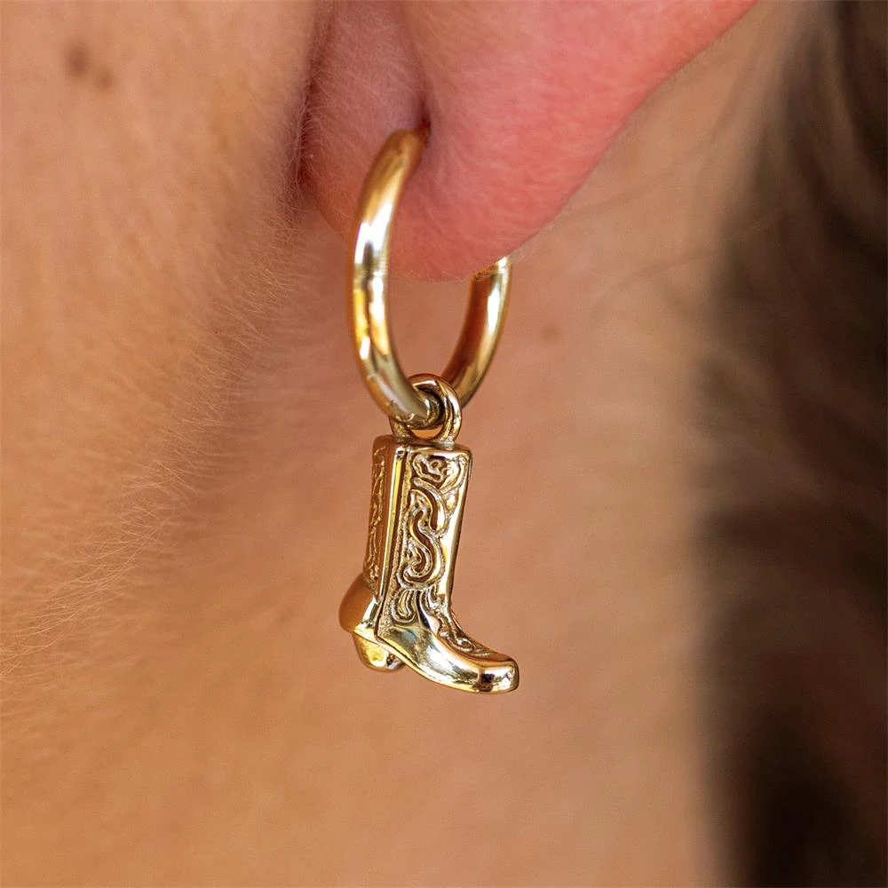 Stainless Steel Cowboy Boot Pendant Shoe Shape Dangle Earrings for Women Gold Plated Geometric Cool Cowgirl Ear Hoops Jewelry