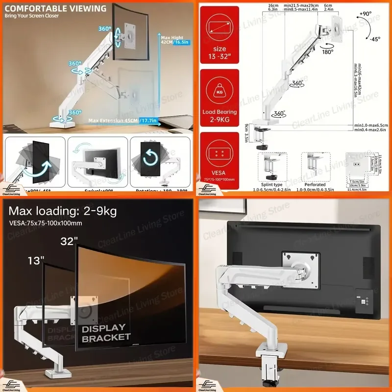 Single Monitor Arm Fully Adjustable Mount for 13 to 32 Inch Screens Fast Install Computer Stand Holds 19.8 lbs