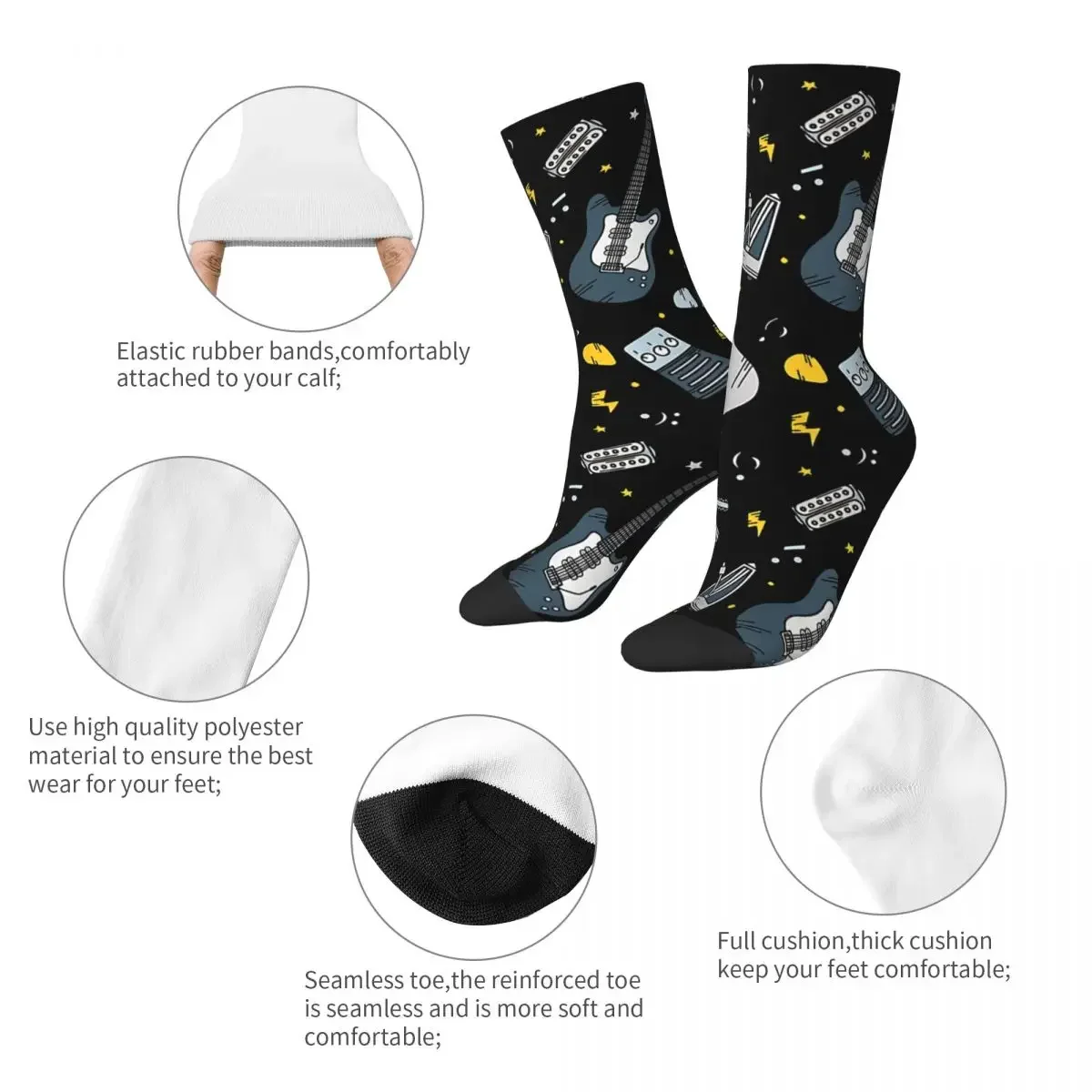 JERock-Chaussettes amusantes pour hommes, notes de musique rétro, hip hop, nouveauté, cadeau, motif imprimé