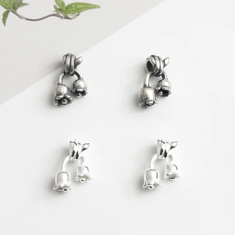 Genuine 925 Silver Lily of the Valley Charm Double Bellflower Pendant Large Hole Spacer for DIY Bracelet Jewelry Making