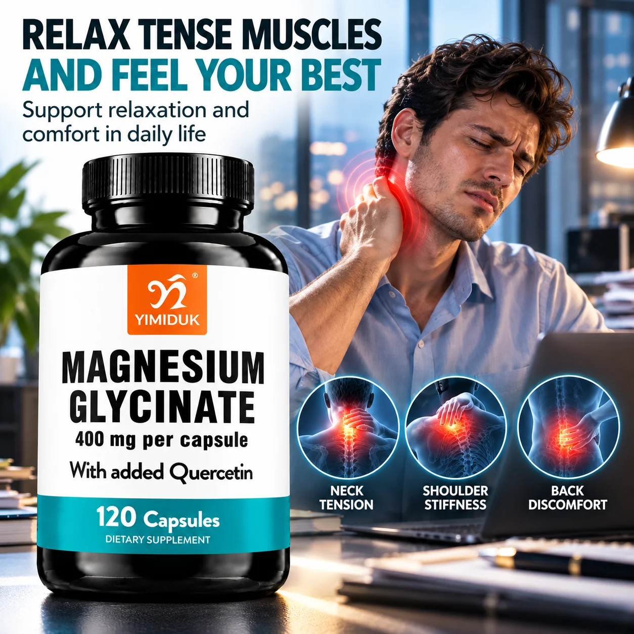 Magnesium Glycinate & Quercetin Supplement, Support Calm Mind & Body, Ease Sore Muscles, Relieve Stress & Maintain Stable Mood
