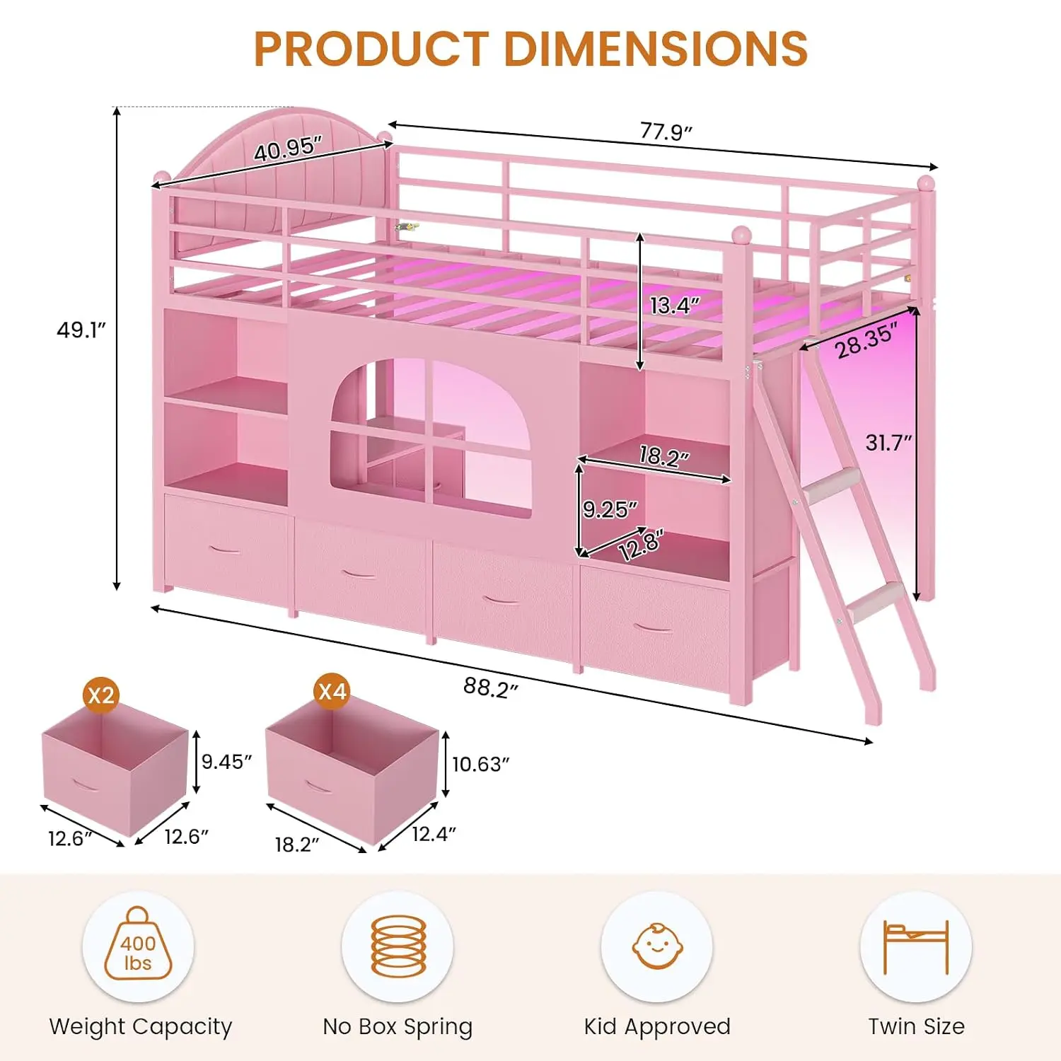 Twin Low Loft Bed with 6 Drawers, 4 Bookshelf & LED Lights, Pink | Kids Loft Bed with Velvet Upholstered Headboard,, Customized
