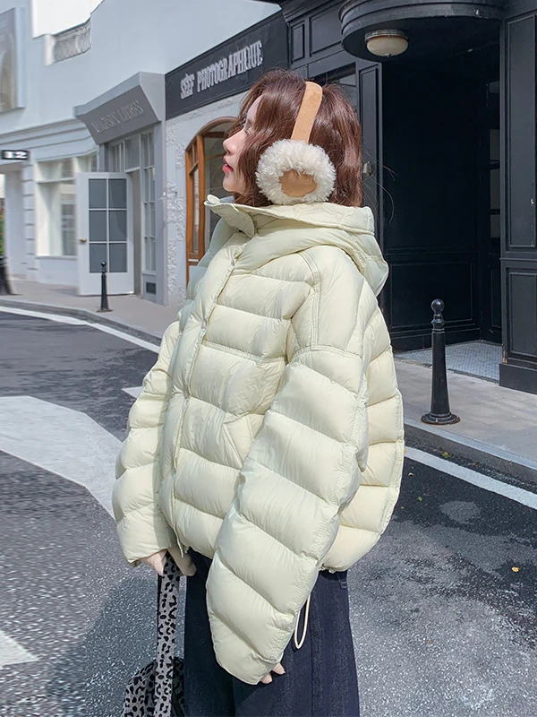 

Korean Sle Anti-Aging ort down Jaet Women's Faion Design Warm White Du Feather Coat Casual Loose Fit Zipper Closure