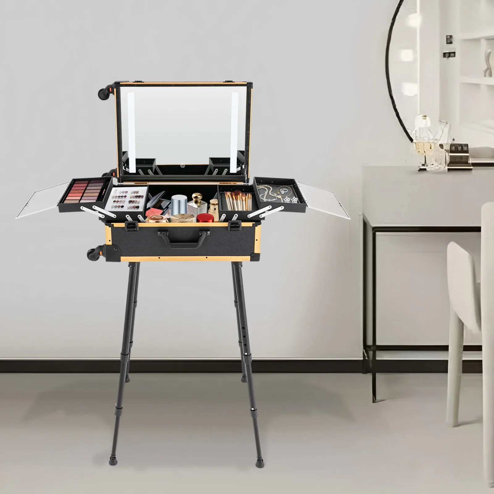 21-дюймовый профессиональный кейс для макияжа на колесиках с зеркалом со светодиодной подсветкой, регулируемой высотой и категориями для хранения