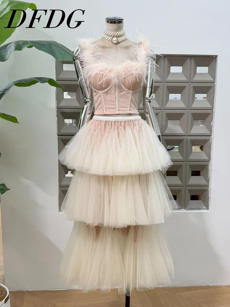 DFDG Women's 2025 Spring Summer Design Ostrich Feather Camisole Crop Top Tulle Tiered Puff Skirt 2-Piece Set Slim Fit Party Set