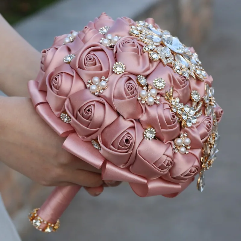 

Amazon Golden Rhinestone Hand Bouquet Bride Bridesmaid Simulation Ribbon Rose Hand Bouquet Finished Wedding Supplies 321B