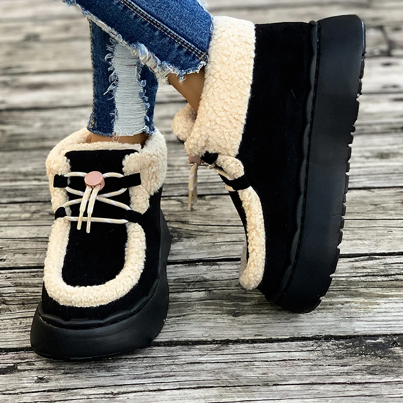 Women\'s Thicken Plush Platform Boots Autumn Winter Warm Comfortable Snow Boots Lace Up Casual Cotton Shoes Botas De Mujer