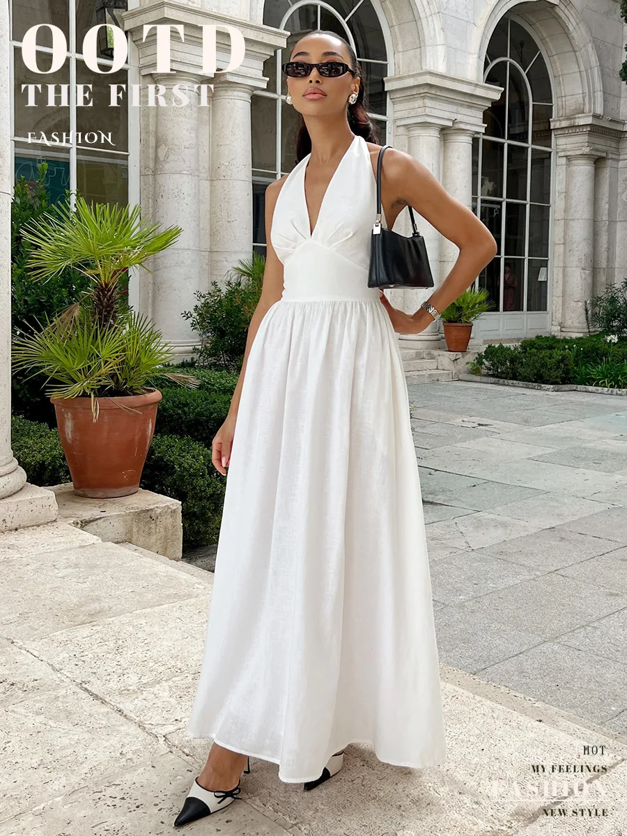 Bornladies Frühling Sommer Neues Damen Baumwoll-Trägerkleid Weibliches Tailliertes V-Ausschnitt Langes Kleid Modisches Oversize-Kleid – Detail 1