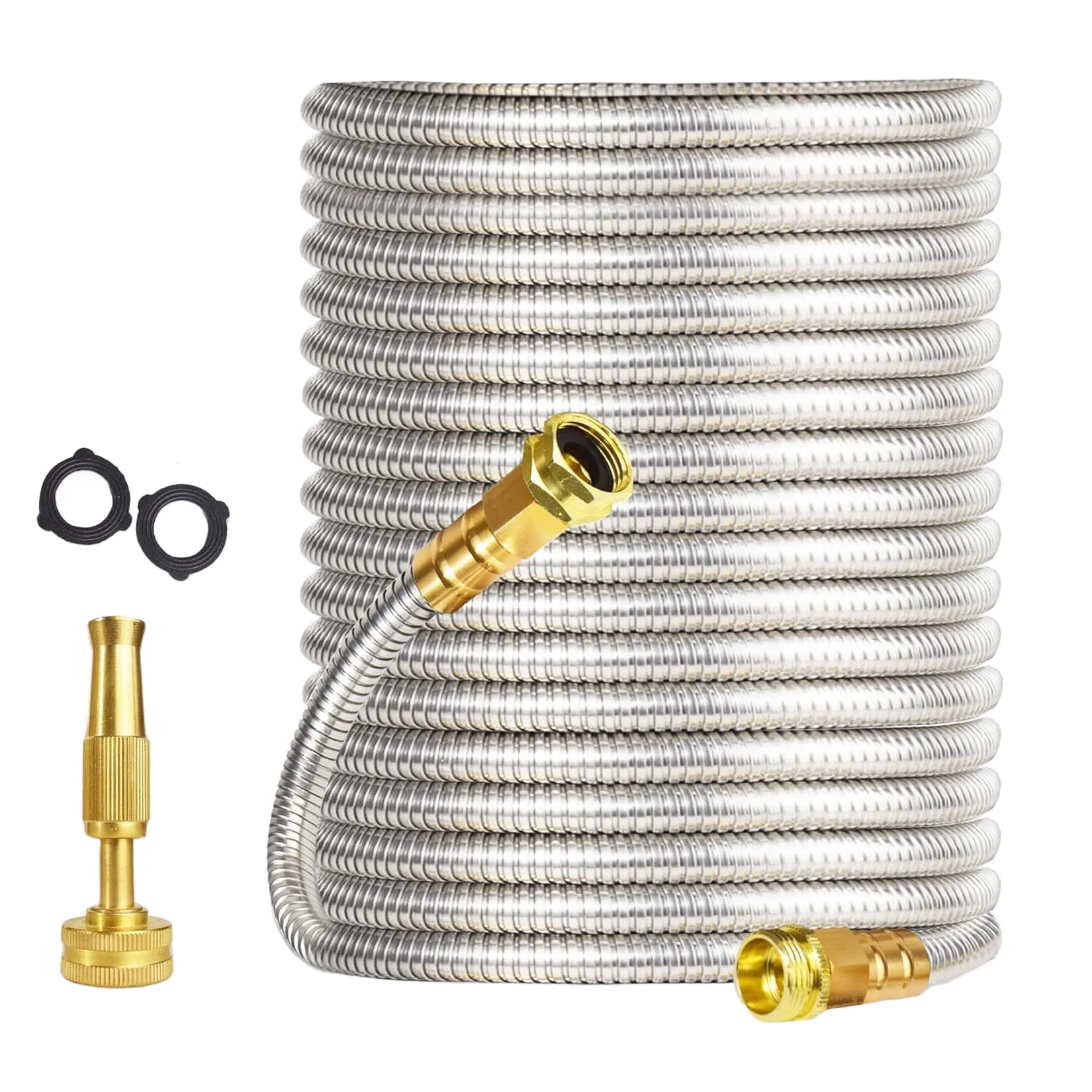 Heavy Duty Stainless Steel Garden Hose – Flexible Metal Water Hose – Kink Proof & Anti-Kink – Adjustable Brass Nozzle, Perfect for Lawn, Car Wash, Outdoor Irrigation, 25FT,50FT,75FT,100FT