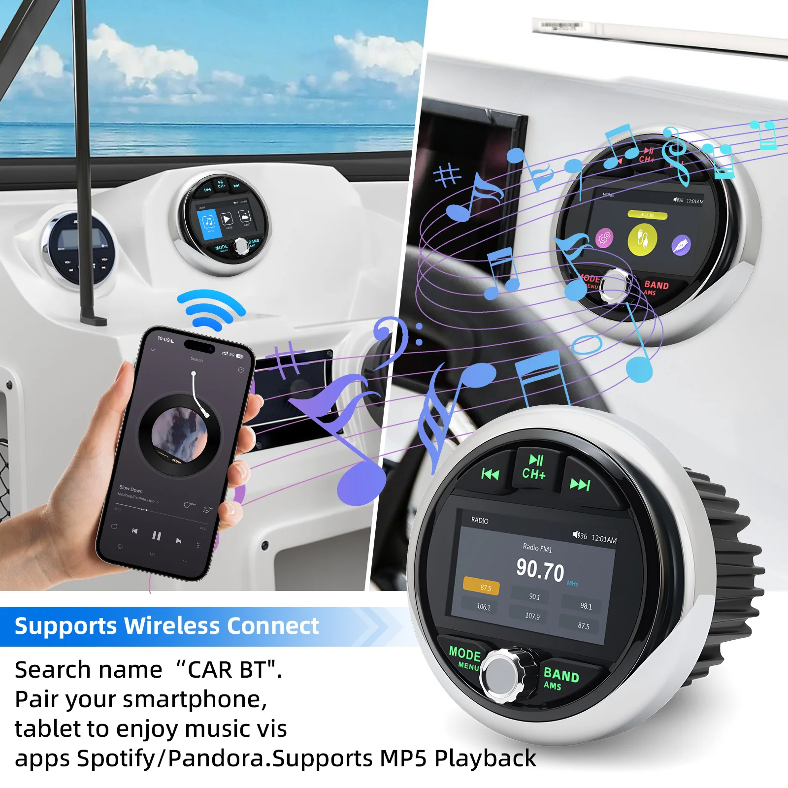 MP5 Radio Player Bluetooth-compatible FM AM RDS Audio Boat Radio System Media Player For Yacht Gauge ATV UTV Cart Motorcycle