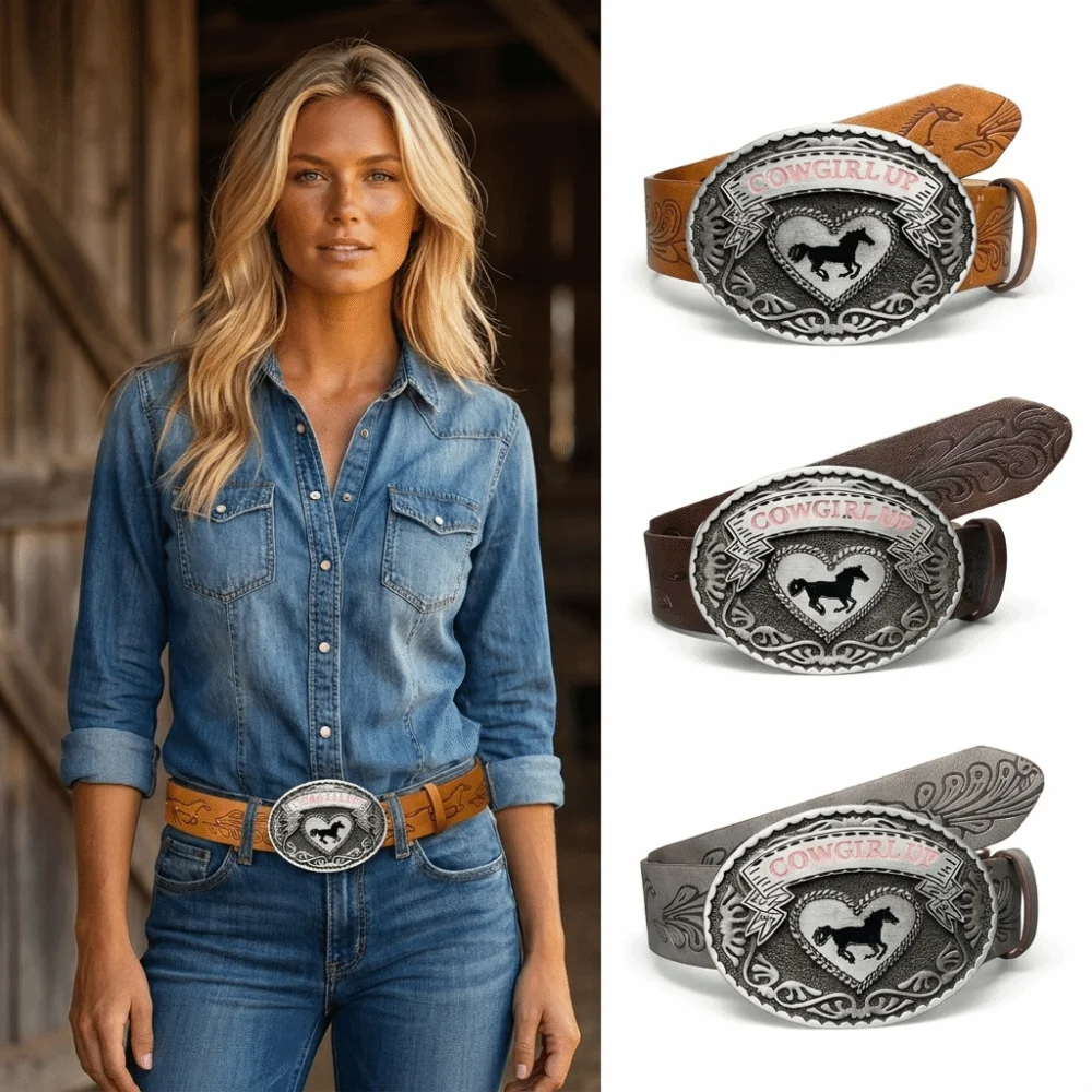Fashion COWGIRL UP Western Cowgirl Belt Luxury Design Trendy Brand Floral Embossed Belt PU Waist Belt for Women Spice Girls