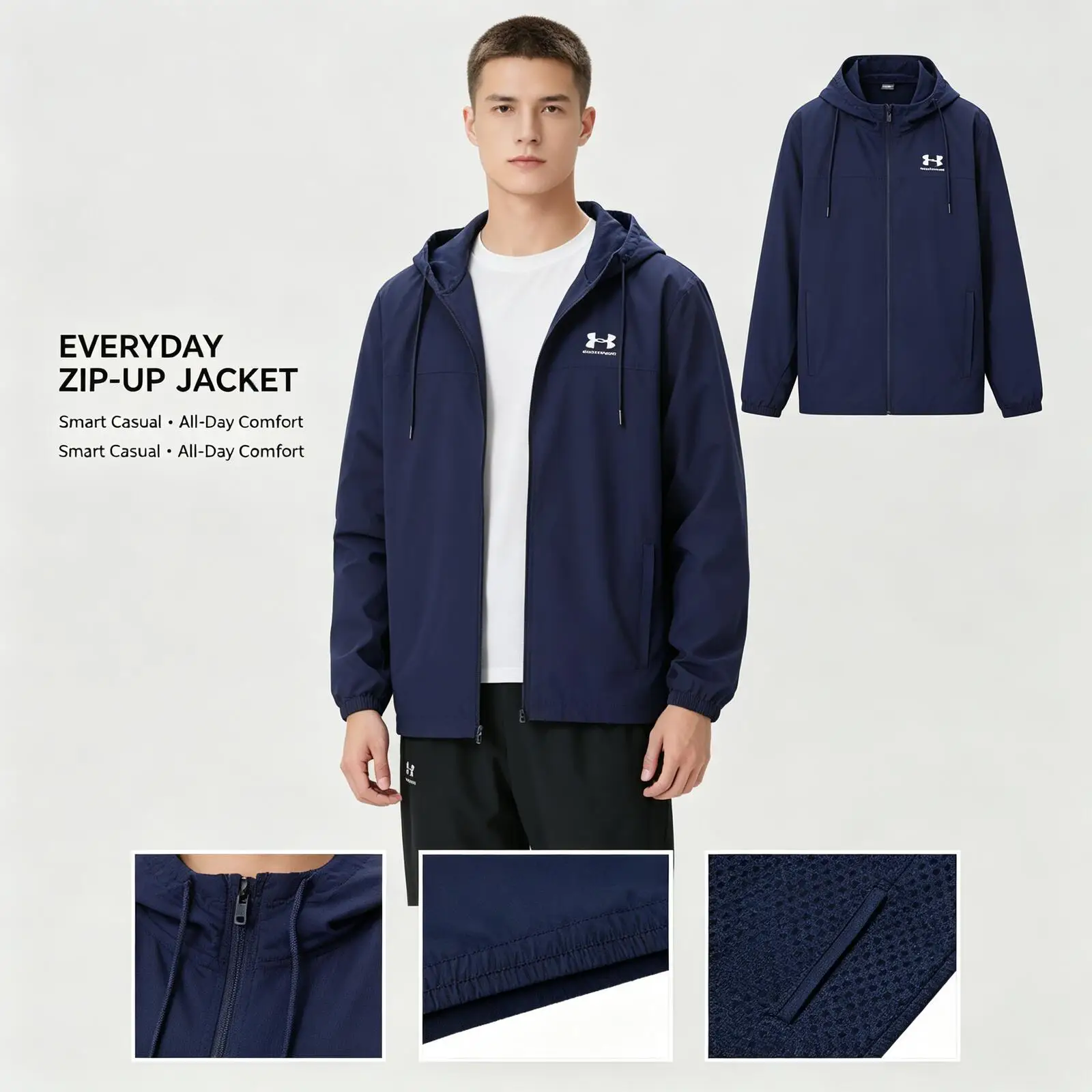 Under Armour Navy Lightweight Zip-Up Jacket for Women Men Smooth Fabric Casual Outerwear Smart Casual Daily Outdoor Streetwear