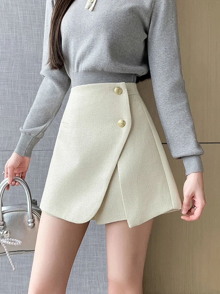 Autumn Winter Tweed Skirts Shorts Women Streetwear Cross Irregular Booty Shorts Pink Black Culottes Wide Leg Short Pants