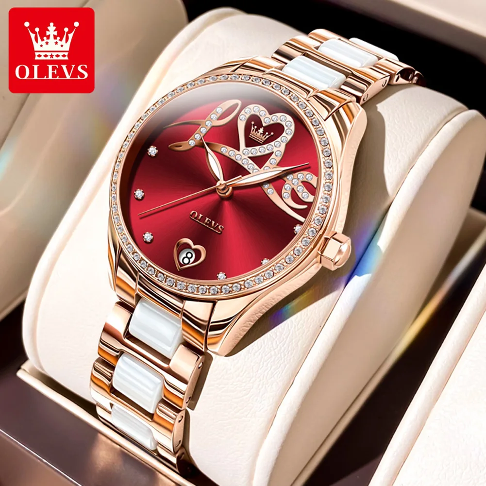 

OLEVS Women's Watches Luxury Fashion Love Dial Ceramics Strap Original Automatic Mechanical Wristwatch for Lady Waterproof Date