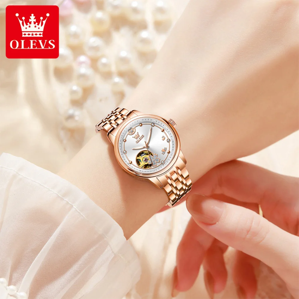 OLEVS 6732 New Womens Watch Original Luxury Skeleton Mechanical Watches Waterproof Luminous Watches For Women Set Bracelet Gift